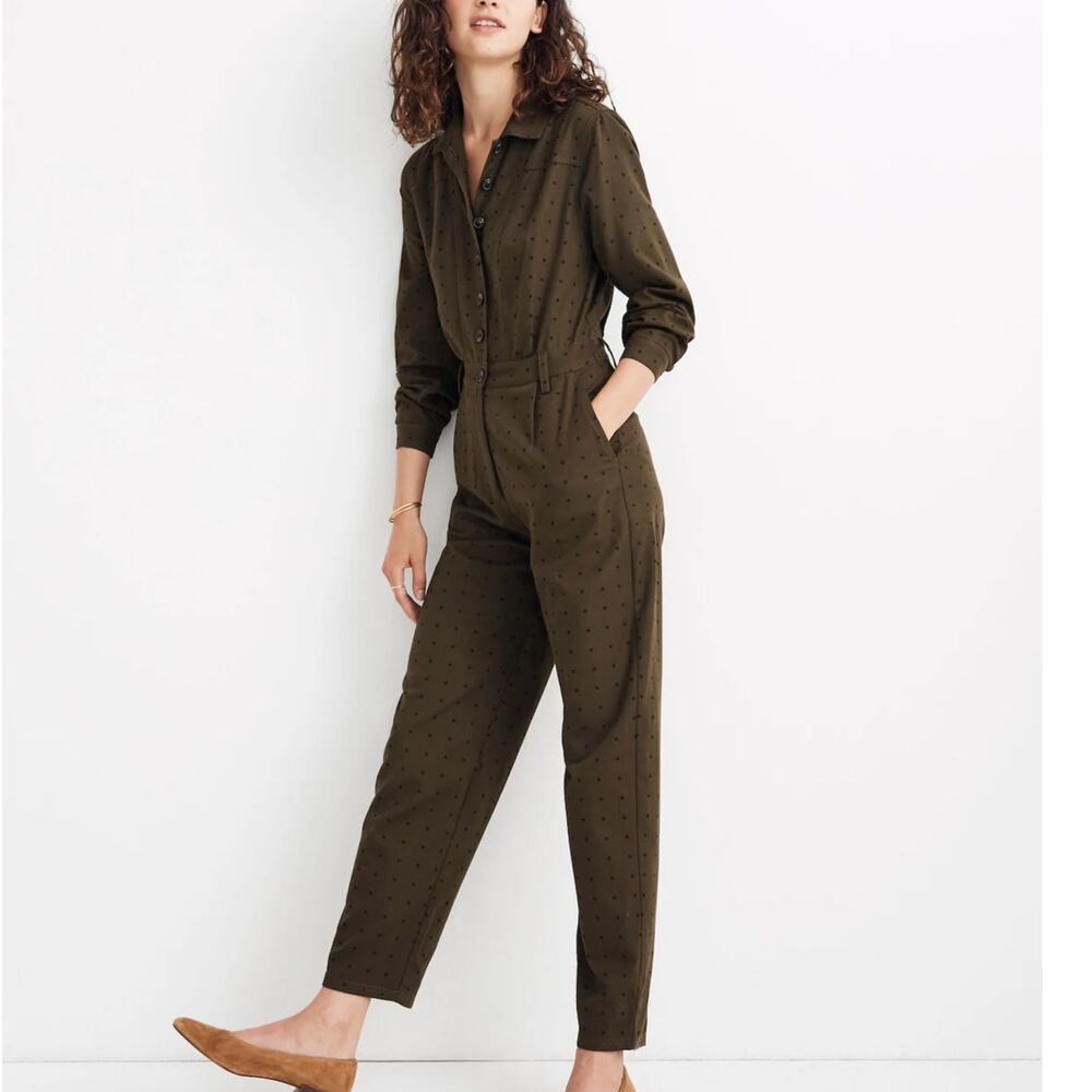 Madewell Seamed Coverall Jumpsuit Dried Olive Grid Dot Utility Womens Sz 4